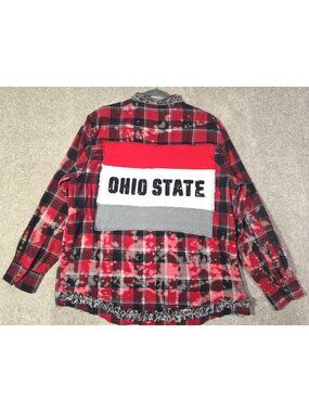 OOAK Upcycled Flannel Shacket Shirt Ohio State Distressed Sequins Boyfriend's XL